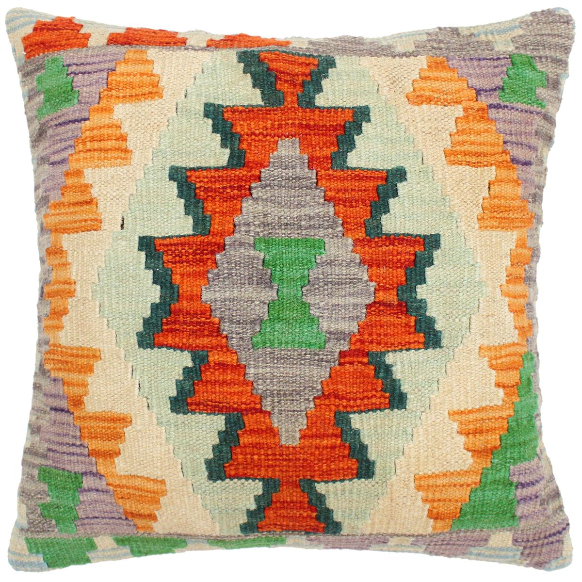 18x18 hand woven kilim throw pillow in rust, blue and beige - Modern Turkish Sharyn
