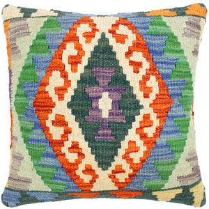 18x18 hand woven kilim throw pillow in rust, blue and green - Boho Chic Turkish Siu