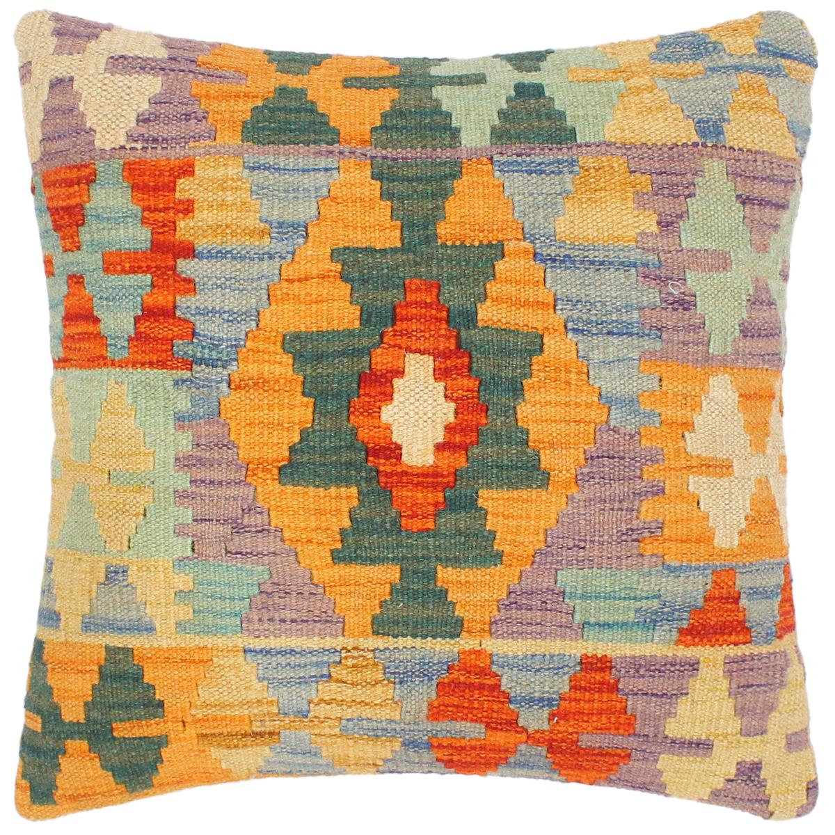 18x18 hand woven kilim throw pillow in rust, teal and blue - Southwestern Turkish Eleonor