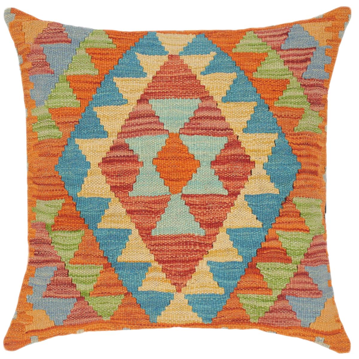 18x18 hand woven kilim throw pillow in red, blue and gold - Modern Turkish Luciano