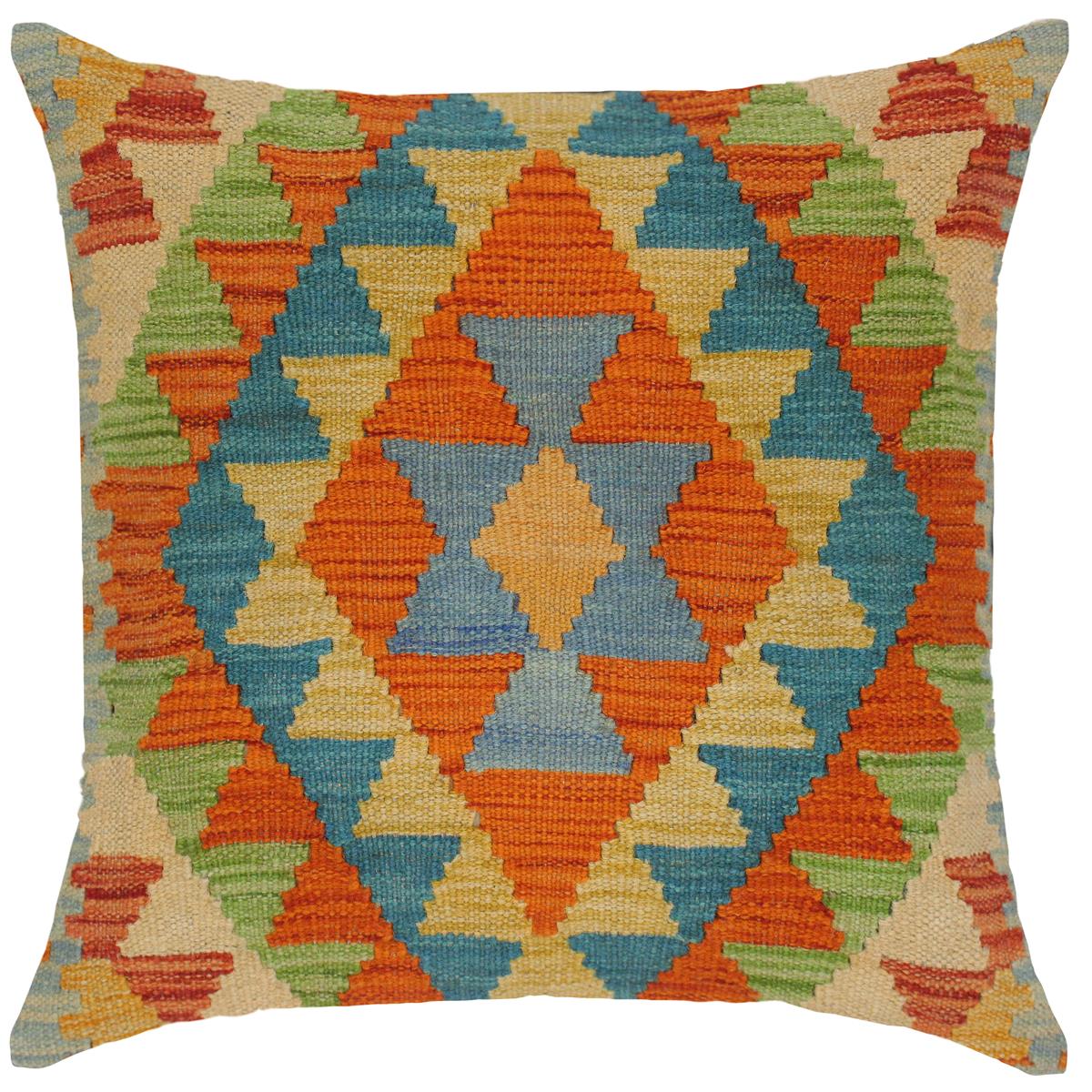 18x18 hand woven kilim throw pillow in rust, blue and gold - Modern Turkish Chantell