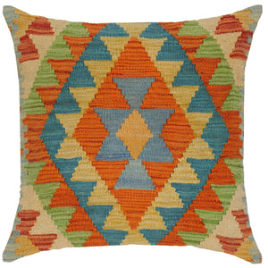 18x18 hand woven kilim throw pillow in rust, blue and gold - Modern Turkish Chantell