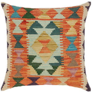 18x18 hand woven kilim throw pillow in rust, blue and teal - Boho Chic Turkish Vivien