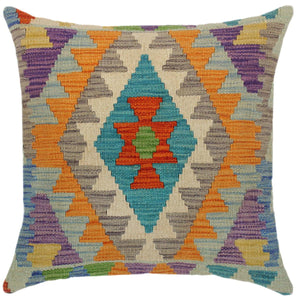 18x18 hand woven kilim throw pillow in rust, blue and beige - Bohemian Turkish Vicki