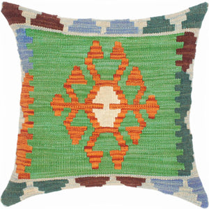 18x18 hand woven kilim throw pillow in blue, green and rust - Rustic Turkish Sarita