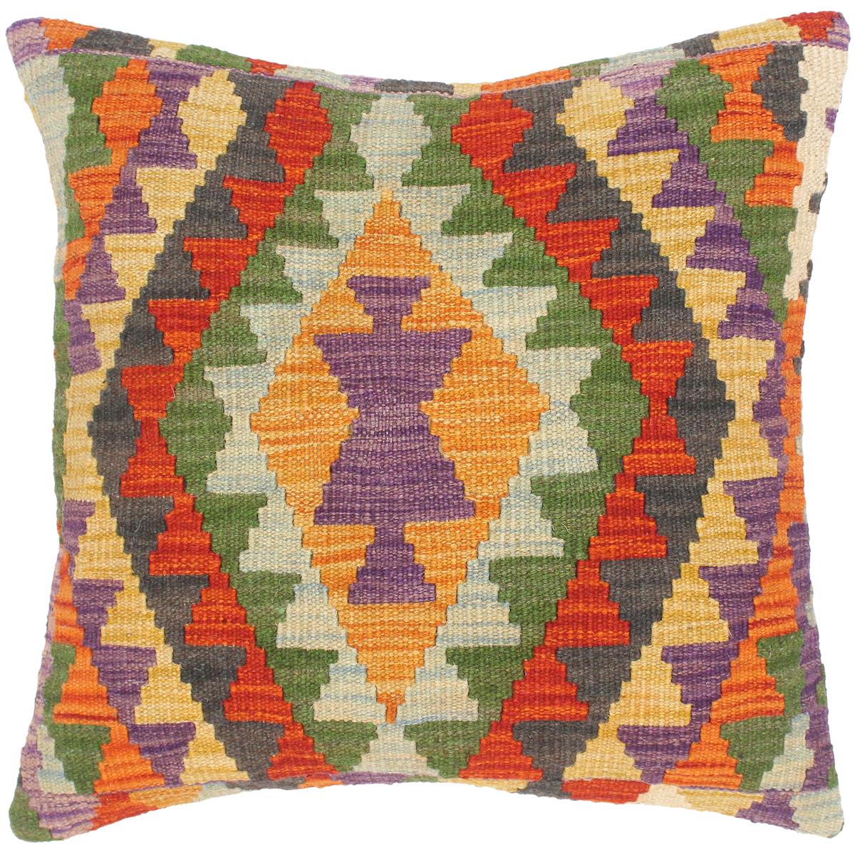 18x18 hand woven kilim throw pillow in rust, gold and blue - Southwestern Turkish Lelia