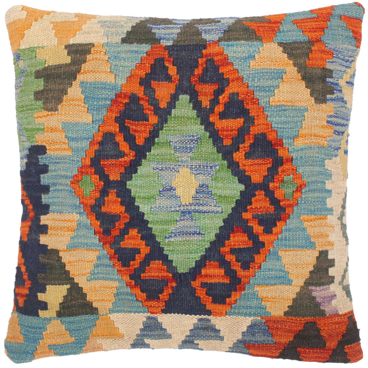 18x18 hand woven kilim throw pillow in rust, blue and beige - Boho Chic Turkish Lon