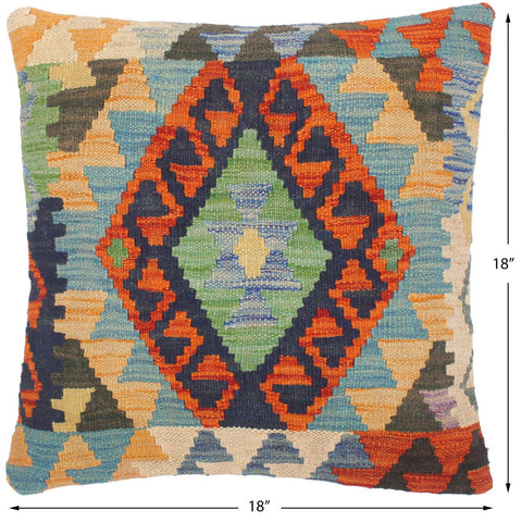 handmade Traditional Pillow Rust Blue Hand-Woven SQUARE 100% WOOL kilim throw pillow