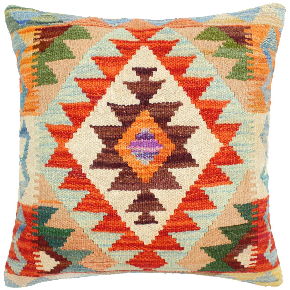 18x18 hand woven kilim throw pillow in rust, blue and beige - Boho Chic Turkish Alica