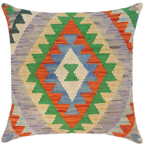 18x18 hand woven kilim throw pillow in blue, rust and gold - Modern Turkish Cedrick