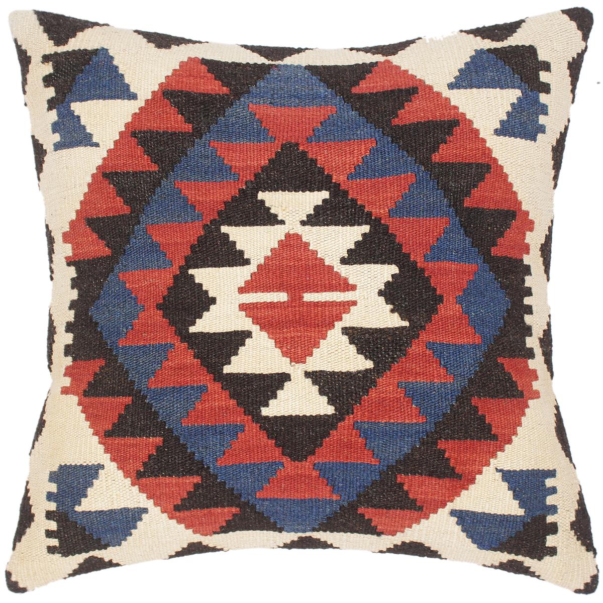 21x21 hand woven kilim throw pillow in rust, blue and black - Bohemian Turkish Virgilio