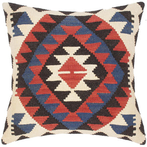 21x21 hand woven kilim throw pillow in rust, blue and black - Bohemian Turkish Virgilio