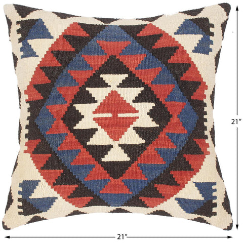 handmade Traditional Pillow Rust Blue Hand-Woven SQUARE 100% WOOL kilim throw pillow