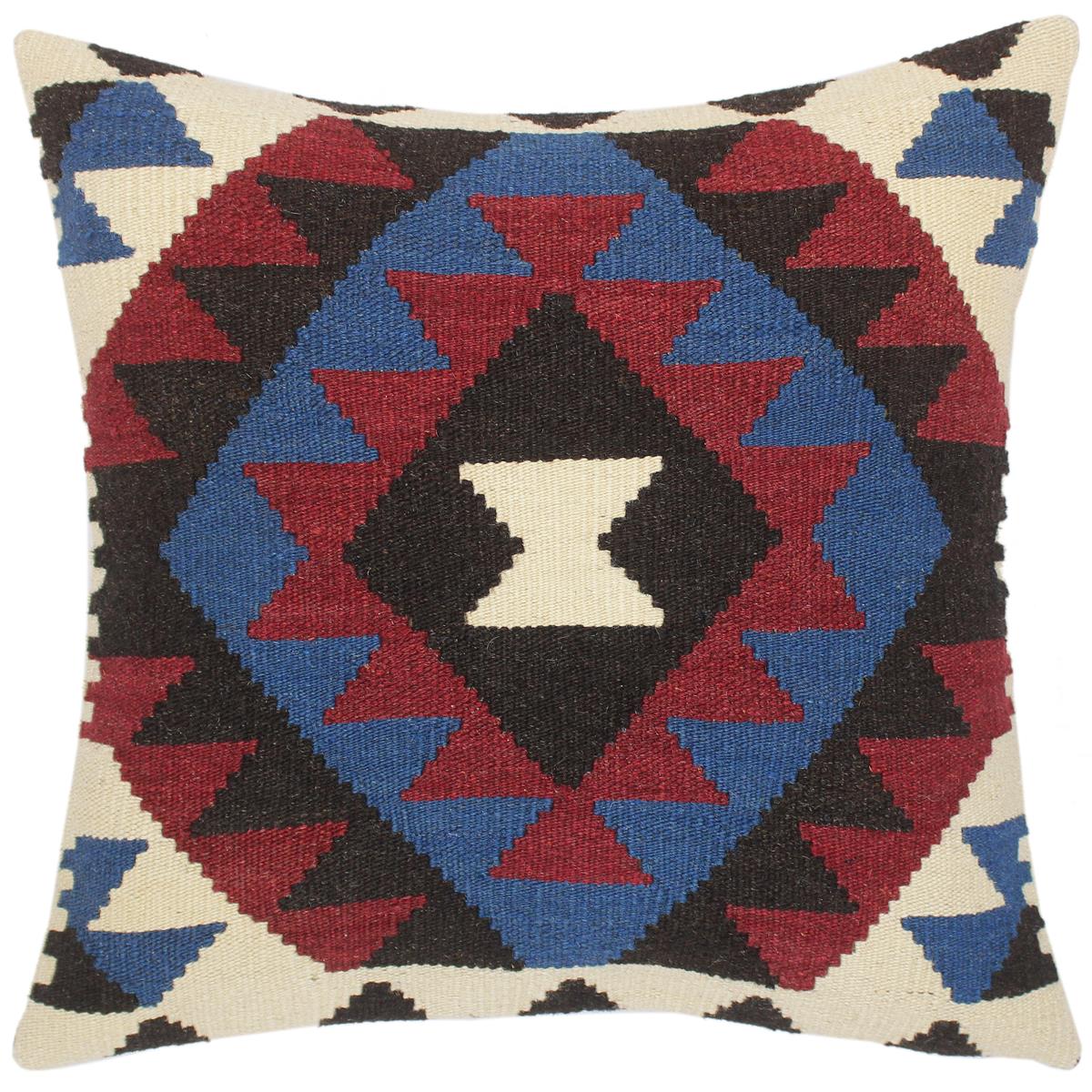 20x20 hand woven kilim throw pillow in red, blue and black - Tribal Turkish Rosette