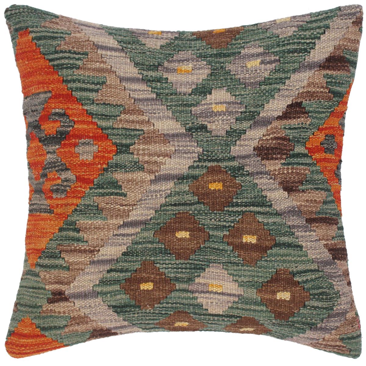 18x18 hand woven kilim throw pillow in green, rust and brown - Boho Chic Turkish Lael