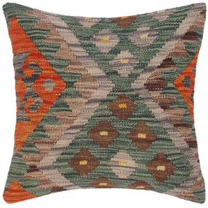 18x18 hand woven kilim throw pillow in green, rust and brown - Boho Chic Turkish Lael