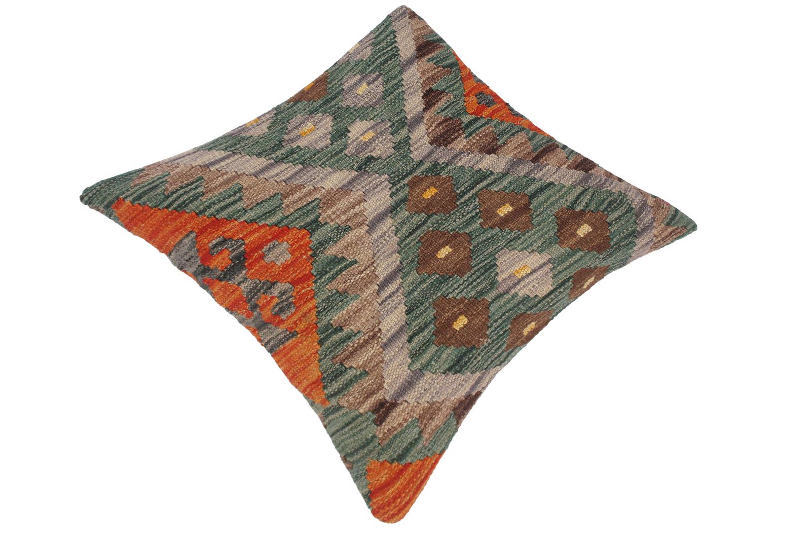 handmade Traditional Pillow Green Rust Hand-Woven SQUARE 100% WOOL kilim throw pillow