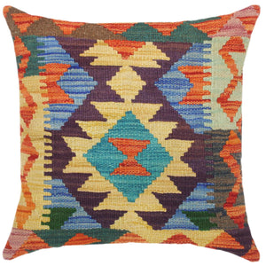 18x18 hand woven kilim throw pillow in rust, blue and gold - Boho Chic Turkish Mariette