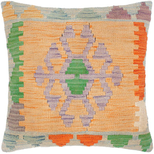 18x18 hand woven kilim throw pillow in orange, blue and green - Modern Turkish Denis