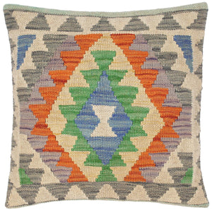 17x17 hand woven kilim throw pillow in blue, gray and rust - Southwestern Turkish Simonne