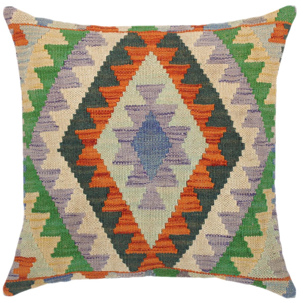 18x18 hand woven kilim throw pillow in blue, rust and beige - Geometric Turkish Cristine