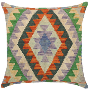 18x18 hand woven kilim throw pillow in blue, rust and beige - Geometric Turkish Cristine