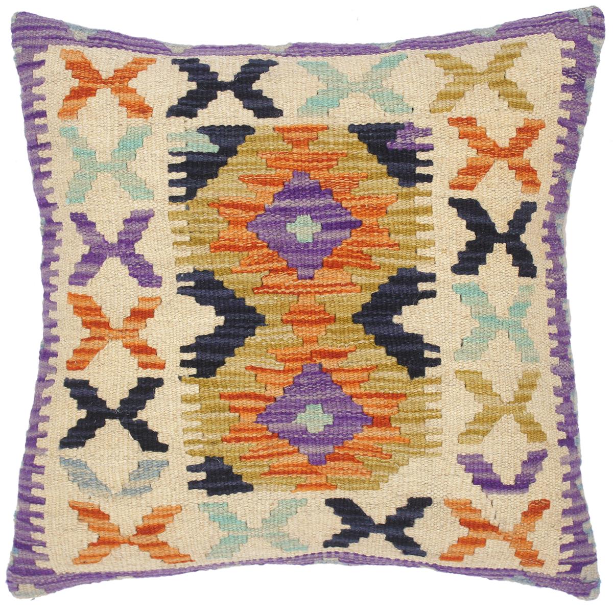 18x18 hand woven kilim throw pillow in rust, beige and blue - Shabby Chic Turkish Frida