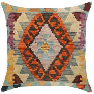 18x18 hand woven kilim throw pillow in rust, blue and gray - Rustic Turkish Heath
