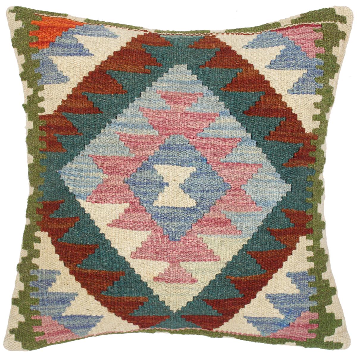 18x18 hand woven kilim throw pillow in blue, green and beige - Geometric Turkish Caron