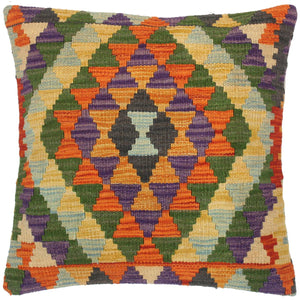 18x18 hand woven kilim throw pillow in gold, rust and blue - Bohemian Turkish Renda