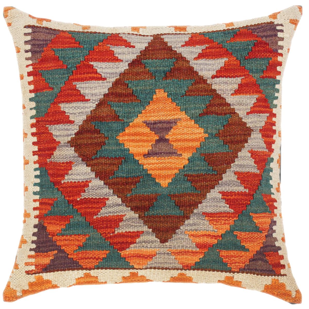 18x18 hand woven kilim throw pillow in rust, green and beige - Modern Turkish Lan