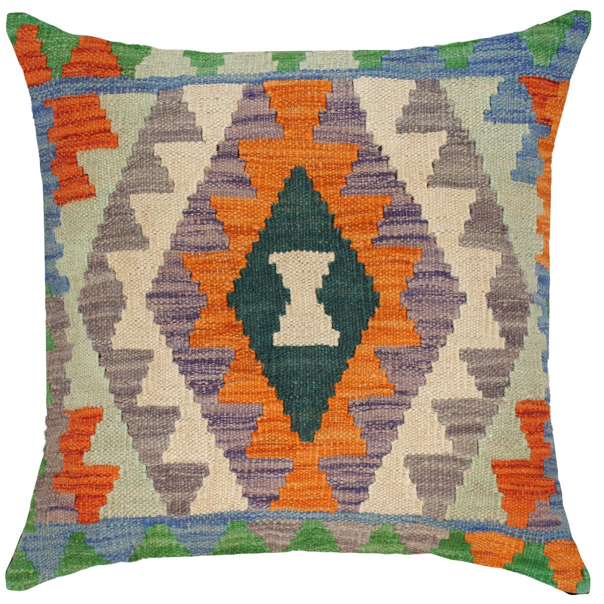 18x18 hand woven kilim throw pillow in orange, blue and beige - Boho Chic Turkish Noelle
