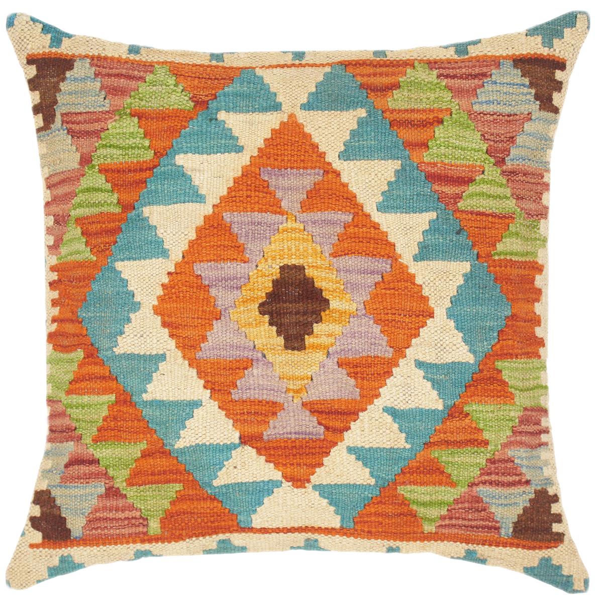 18x18 hand woven kilim throw pillow in rust, teal and beige - Shabby Chic Turkish Britany