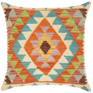 18x18 hand woven kilim throw pillow in rust, teal and beige - Shabby Chic Turkish Britany