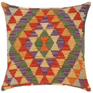 18x18 hand woven kilim throw pillow in rust, gold and green - Southwestern Turkish Leon