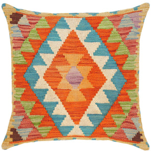 18x18 hand woven kilim throw pillow in rust, teal and beige - Bohemian Turkish Inez