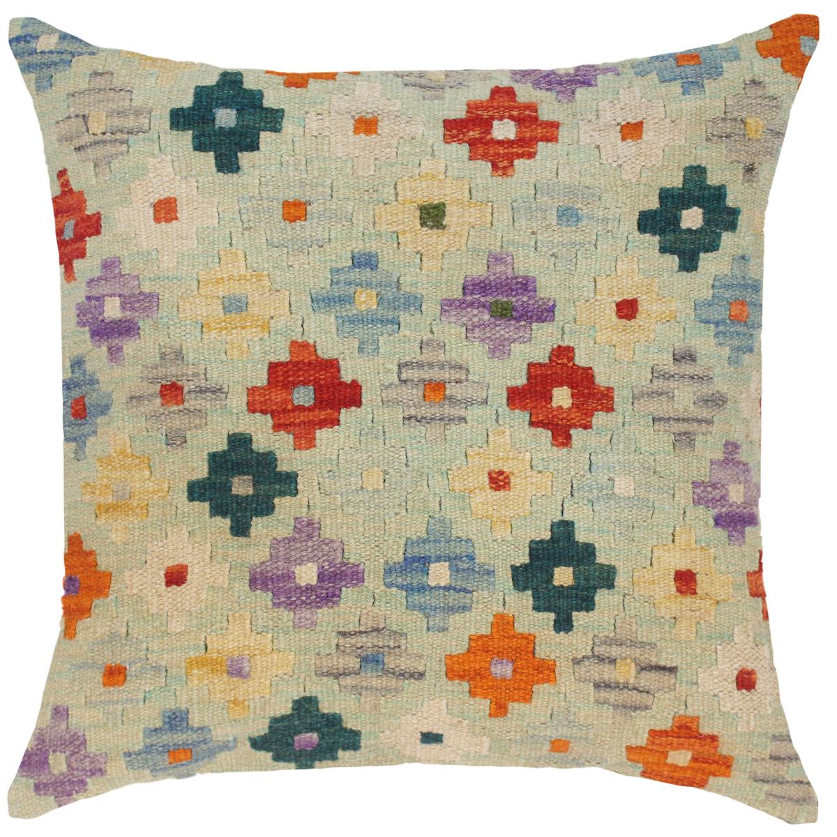 18x18 hand woven kilim throw pillow in blue, rust and green - Bohemian Turkish Dorsey