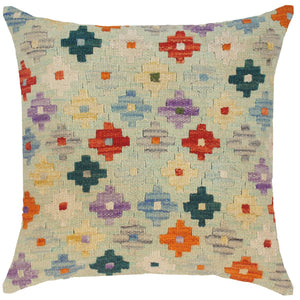 18x18 hand woven kilim throw pillow in blue, rust and green - Bohemian Turkish Dorsey