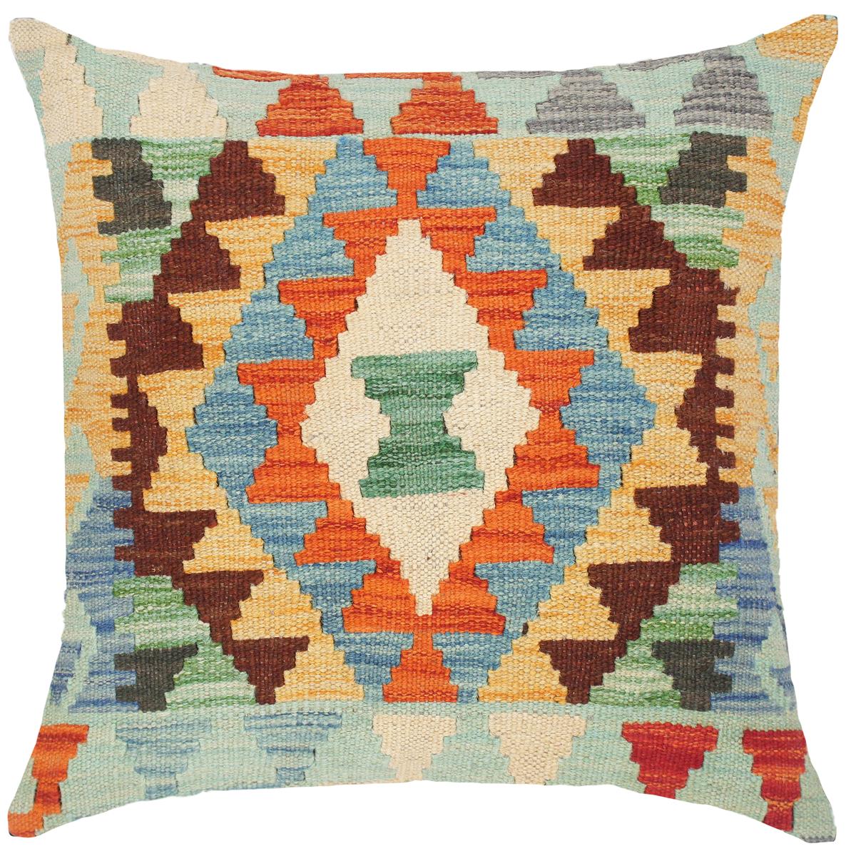 18x18 hand woven kilim throw pillow in blue, gold and rust - Bohemian Turkish Keven