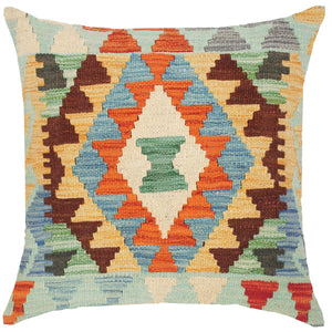 18x18 hand woven kilim throw pillow in blue, gold and rust - Bohemian Turkish Keven