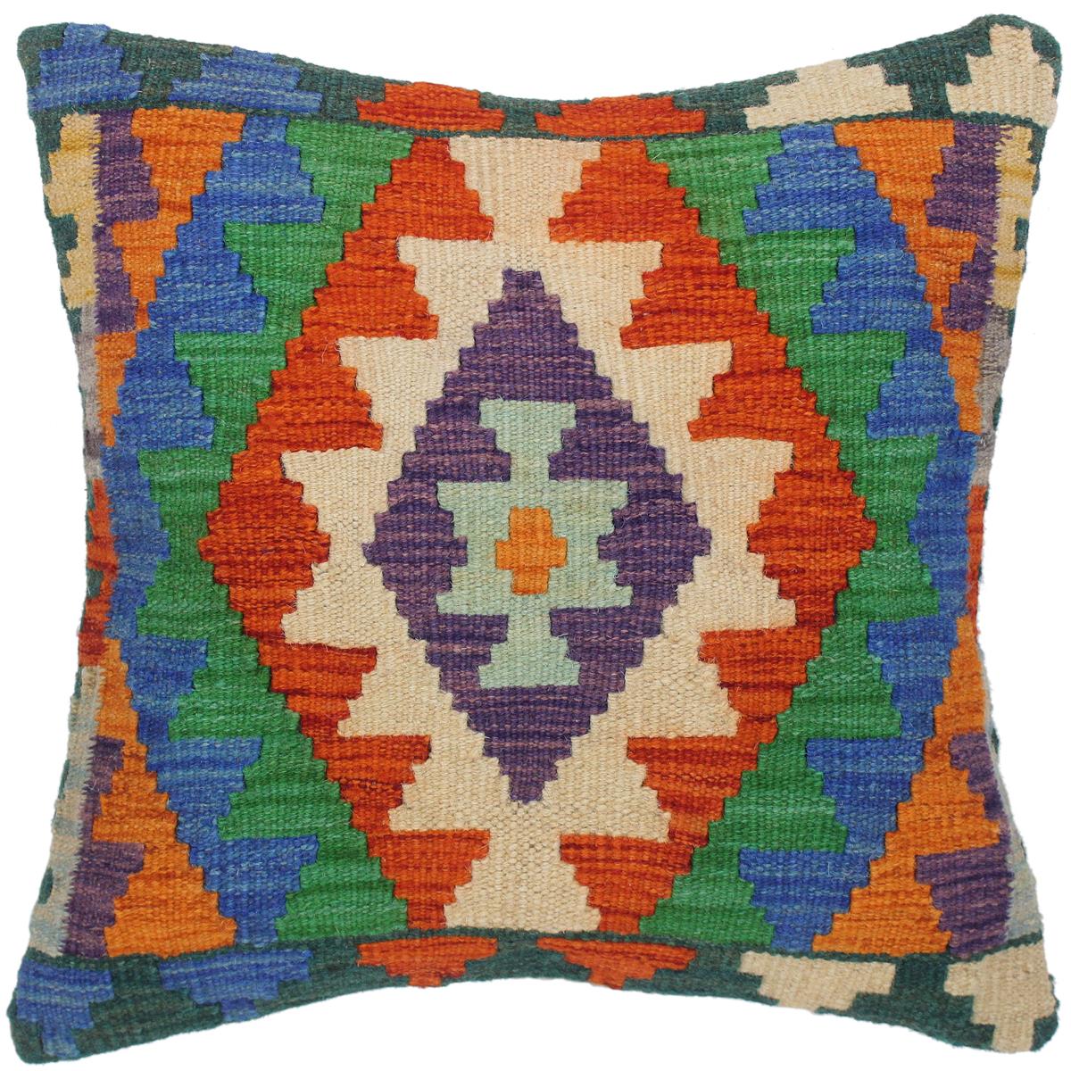 18x18 hand woven kilim throw pillow in rust, blue and green - Rustic Turkish Terrie