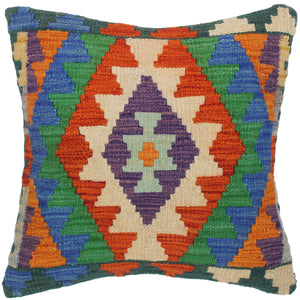 18x18 hand woven kilim throw pillow in rust, blue and green - Rustic Turkish Terrie