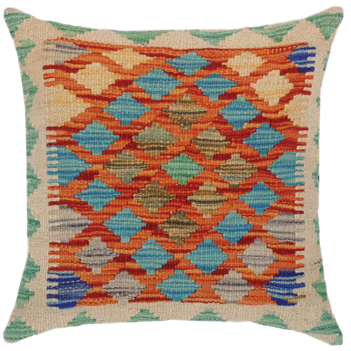 18x19 hand woven kilim throw pillow in rust, beige and blue - Shabby Chic Turkish Eryn