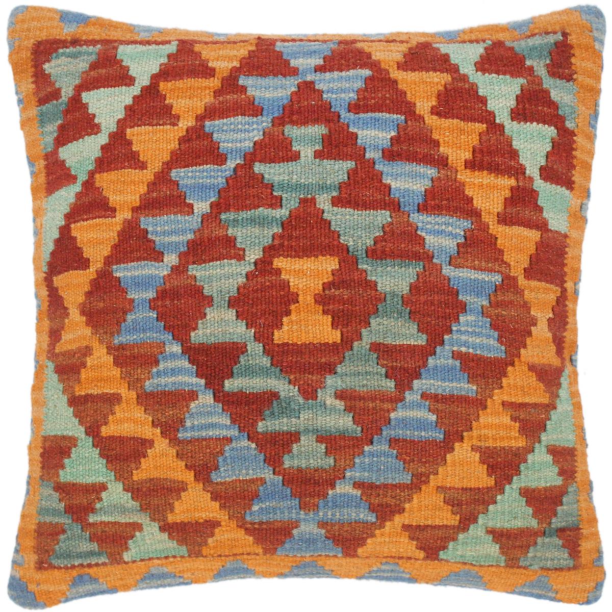 15x16 hand woven kilim throw pillow in orange, brown and blue - Bohemian Turkish Pamila