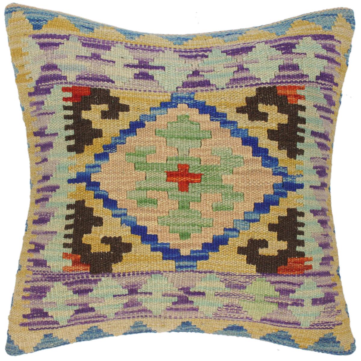 18x18 hand woven kilim throw pillow in gold, blue and purple - Modern Turkish Carolin