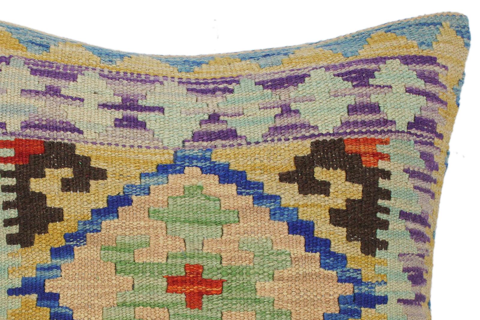 handmade Traditional Pillow Gold Blue Hand-Woven SQUARE 100% WOOL kilim throw pillow