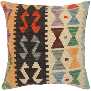 18x18 hand woven kilim throw pillow in beige, black and blue - Rustic Turkish Dora