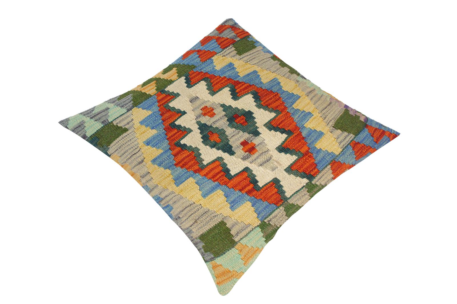 handmade Traditional Pillow Rust Blue Hand-Woven SQUARE 100% WOOL kilim throw pillow