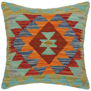 17x18 hand woven kilim throw pillow in blue, rust and green - Shabby Chic Turkish Elane