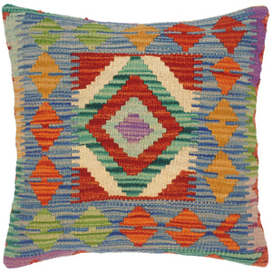 18x18 hand woven kilim throw pillow in blue, gold and rust - Tribal Turkish Venus